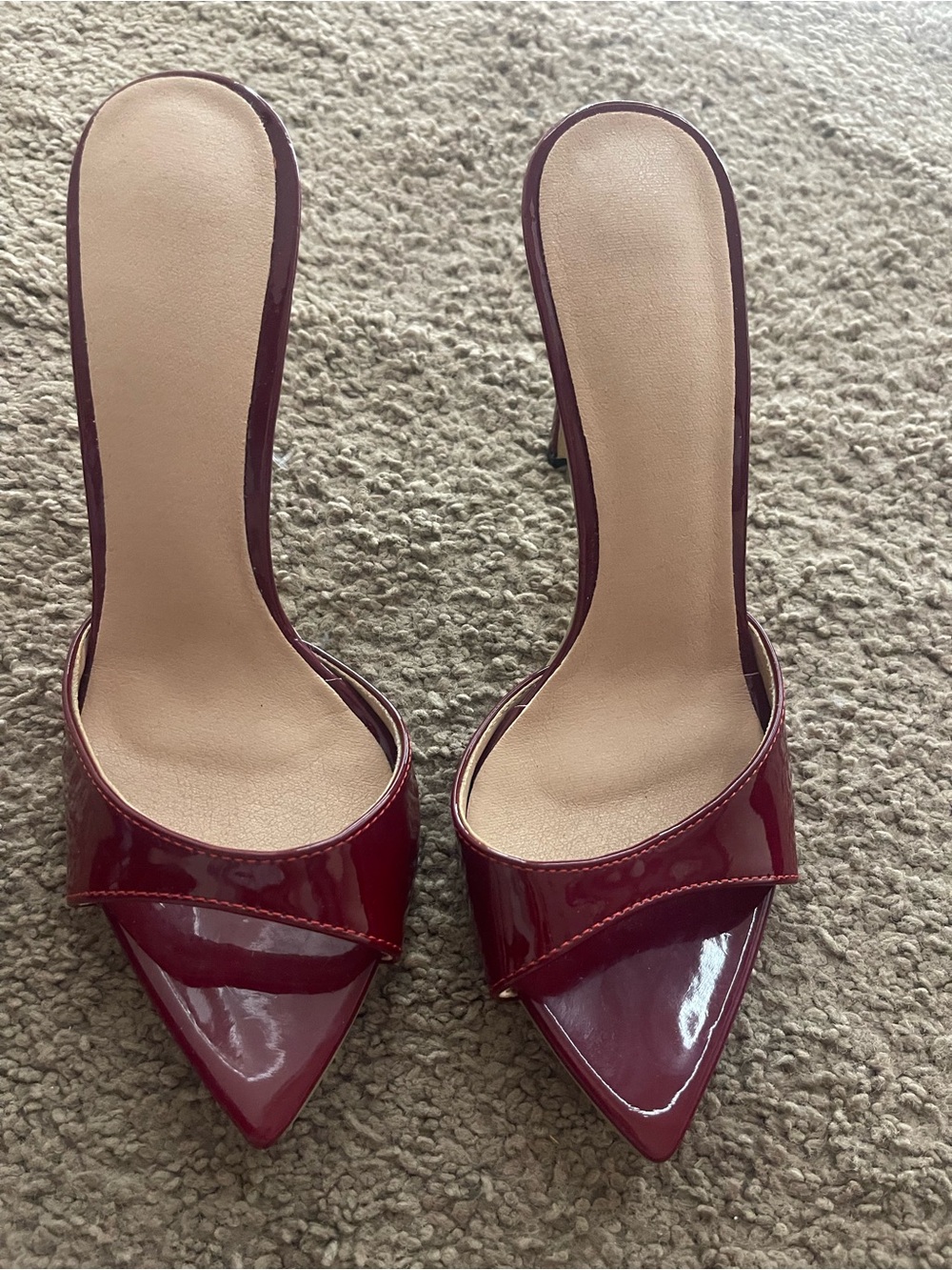 Patent Pointed-Toe Mule Heels in Burgundy